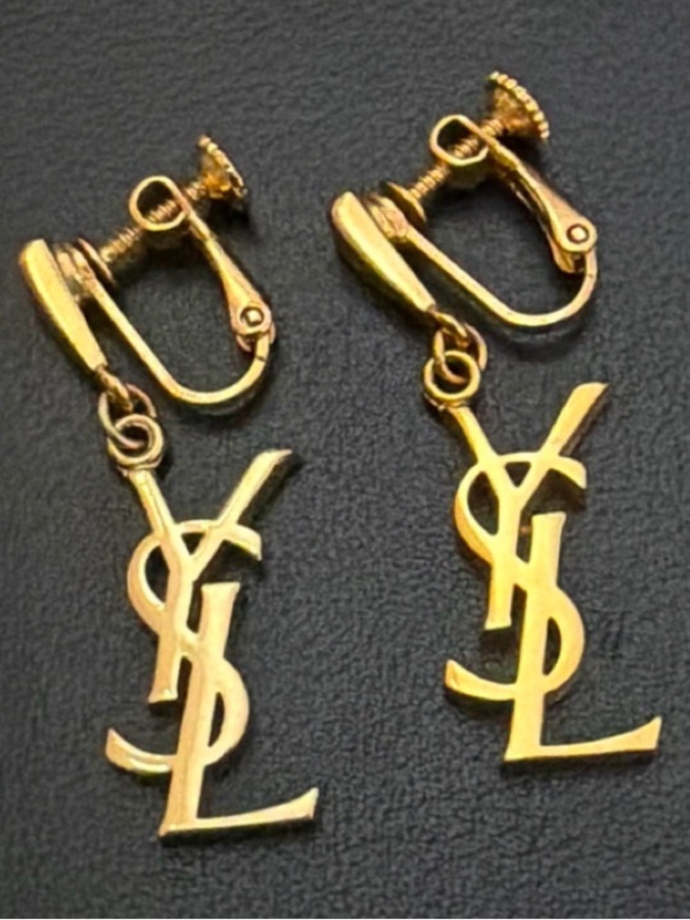YVES SAINT LAURENT Vintage YSL Logo Drop Clip-On Earrings + COA